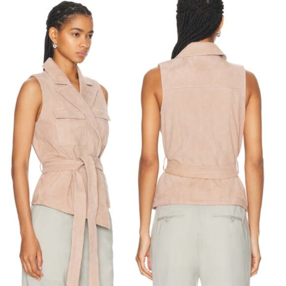 NEW L'Agence Arbor Wrap Belted Collared Sleeveless Vest Beige Size: Extra Small